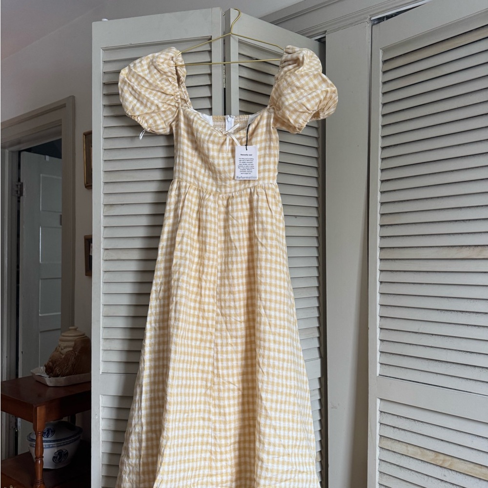 REFORMATION MARELLA LINEN PUFF-SLEEVE DRESS YELLOW GINGHAM